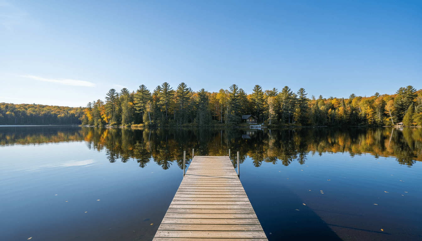Lakefront property on a calm Muskoka lake with a dock and trees